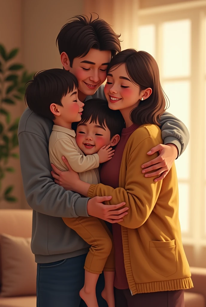 A family in a moment of love or warmth, such as holding hands or hugging.