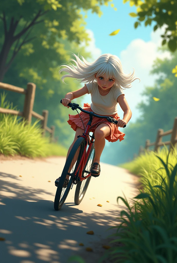 Image of a girl with white hair avoiding falling off her bike