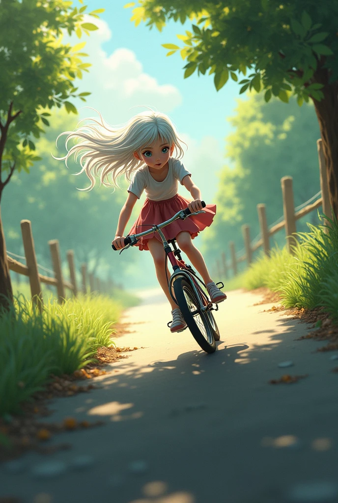 Image of a girl with white hair avoiding falling off her bike 