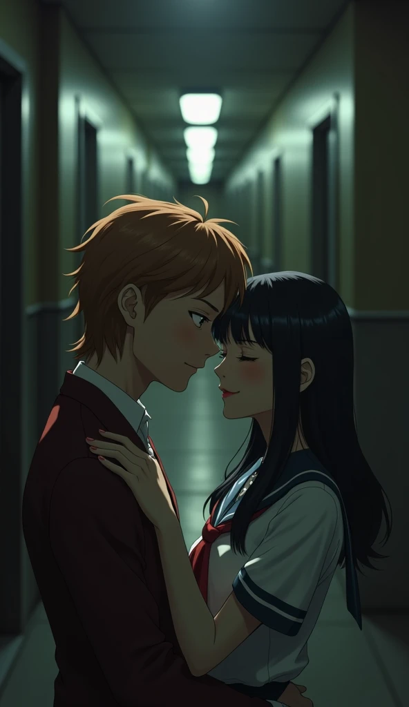 (32K:1.9, Highest quality, masterpiece, Ultra-high resolution), Perfect dynamic composition:1.3, Highly detailed skin and facial textures:1.3, Cute sexy slim Japanese schoolgirl, A slim man, about 180cm tall, (They both close their eyes, Man hugging woman:1.3), Fair skin, ((Clarity:1.1)), (Man is anime「幽☆遊☆白書」Shuichi Minamino's Red School Uniform:1.3, Long red blonde hair, beautiful目:1.3), (The woman is wearing a uniform with a red tie:1.3, Straight black hair.:1.3, smile:0.9, A man completely charms a woman:0.9, beautiful Blue Eyes, beautiful, Clear Eyes:0.8), Sexy Face:0.4, blush:1.1, (beautifulエロティシズムを醸し出す雰囲気:0.8), Professional random camera work, Cinematic Lighting Effects, (Full Body Shot), (Too erotic), romantic, mysterious, Object of admiration, original, dramatic, artistic, Innovative, charm, Heartful, Fancy, Tilt, sense of loss, special, exciting, Extreme, sense of openness, joy, joyの表現, ((若さのcharm, 女性的なcharm))