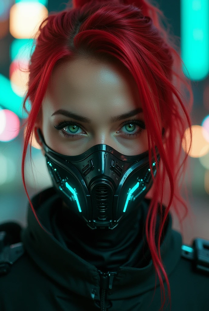 Masked cyberpunk woman with light green eyes and red hair