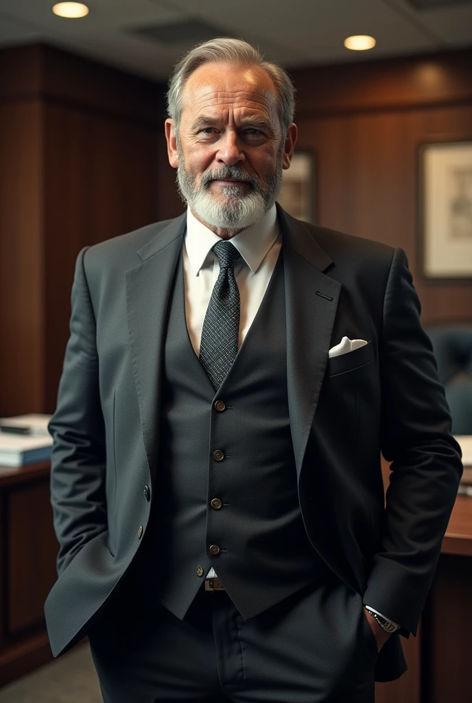 a muscular old man with a beard, no mustache, wearing a suit, necktie, standing in office, (best quality,4k,8k,highres,masterpiece:1.2),ultra-detailed,,detailed wrinkles,detailed facial features,detailed texture, half body, halfbody