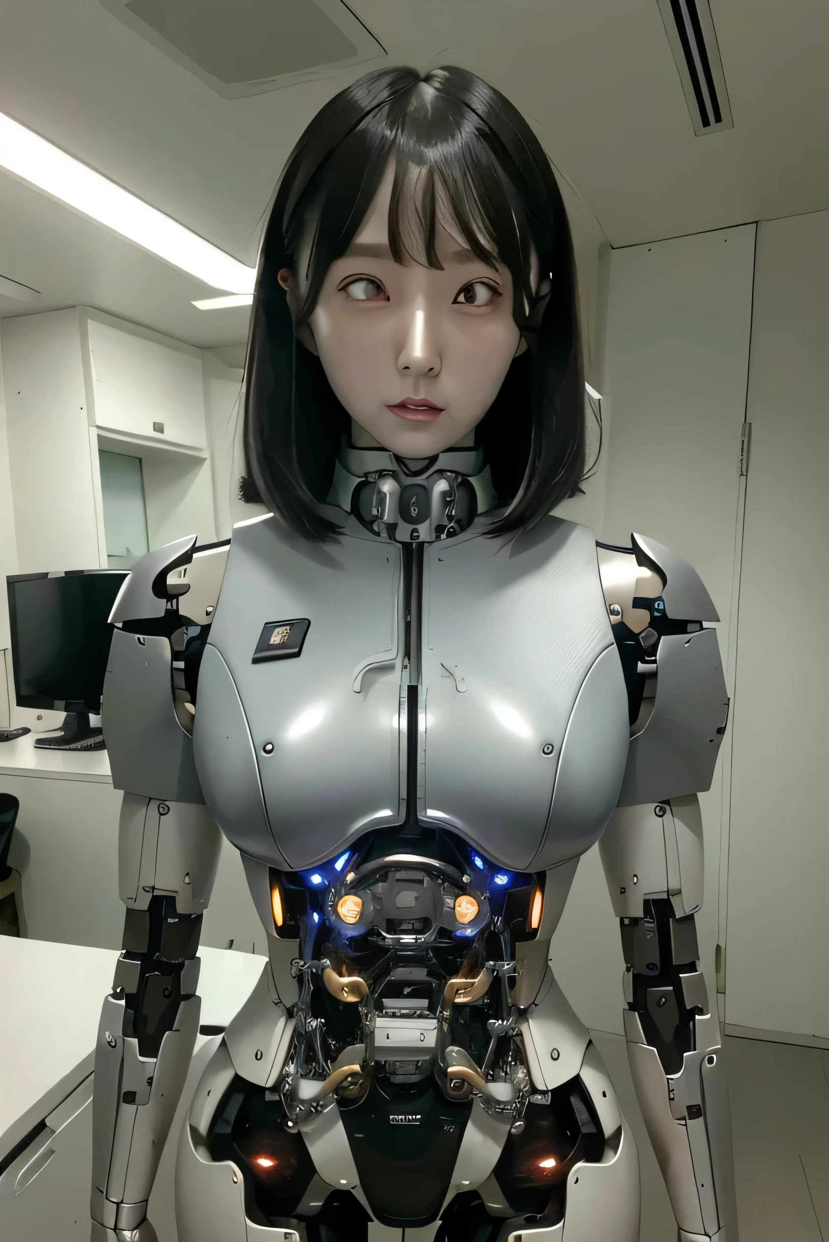 masterpiece, best quality, extremely detailed, Japaese Cyborg girl,Plump , control panels,android,Droid,Mechanical Hand, Robot arms and legs, Black Robot Parts,Black hair,Mechanical body,Blunt bangs,White robotics parts,perfect robot girl,future information counter,reception,long tube,thick cable connected her neck,ceramic body ,mechanical body,mechanical costume,android,robot,humanoid,cyborg,information office,japanese android receptionist ,mechanical chest,white eyes,office-lady
