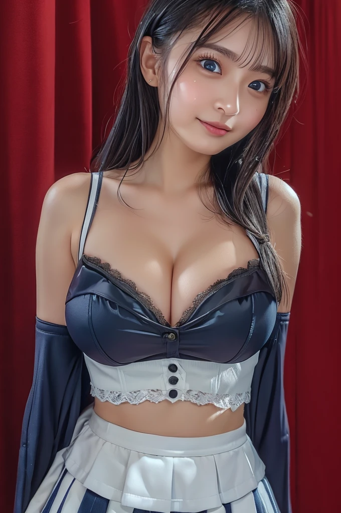 abs,abs,cleavage,full_body,mini skirt,tall stature,(sailor uniform:1.2),(huge breast,cleavage,gigantic breast:1.2),natural make,beautiful face,smile,bob,(Highly detailed face and skin texture:1.4),(solo:1.3), best quality ,masterpiece,ultra high res,(photo realistic:1.3),(8k uhd,RAW photo:1.2),35mm lens, f/1,(Detailed eyes:1.2), Double eyelid