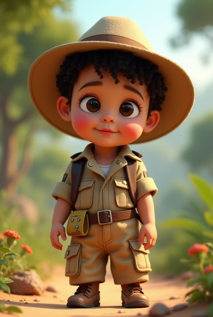 Baby dressed in Safari outfit, short curly dark hair, full mouth, round eyes, Pixar 3D