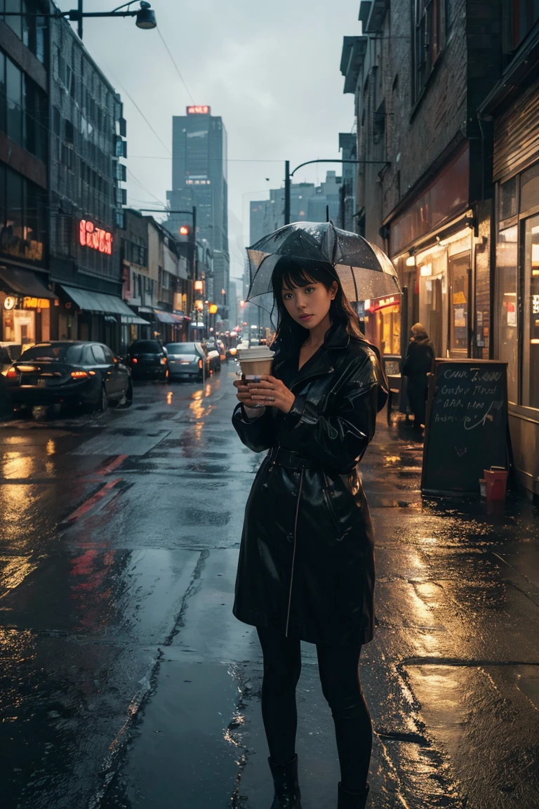 a cozy cafe on a rainy street, wet asphalt road, buildings, busy city street, neon signs, litter, nostalgic, (best quality,4k,8k,highres,masterpiece:1.2),ultra-detailed,(realistic,photorealistic,photo-realistic:1.37),cinematic lighting,moody colors,dramatic shadows,intricate details