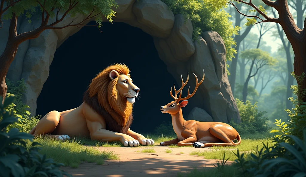 There is a forest. In the forest there is a cave. In front of the cave is a lion sitting and in front of the lion is a deer which has been hunted
