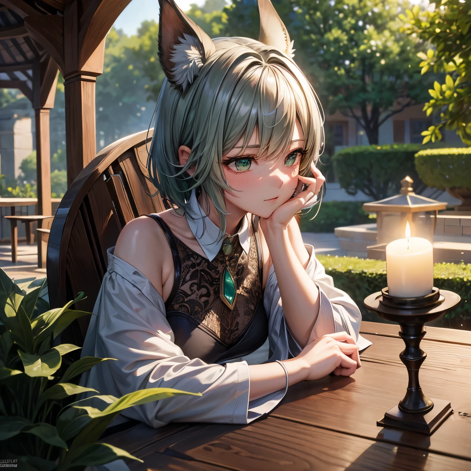 masterpiece, best quality,Extremely detailed,Ultra Detail, cinematic Light,, 1 Girl, Solitary, sit, outdoor, Gazebo, sitting in the Gazebo,  plant, table, chandelier, Candle, wind, Green Eyes, Greenish silver hair, short hair, animal_ears, animal_ear_Brushed, Flowing hair, Light, Light frown, contour,Looking at the audience, Dynamic_angle