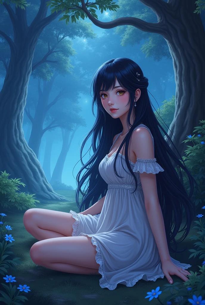 (masterpiece, best quality), 1girl(Athena_Asamiya), cute dress, long black hair, sitting, beautiful outdoor background, night, forest, (realistic, photorealistic:1.37), detailed, cinematic lighting, dramatic shadows, vibrant colors, fantasy, mystical atmosphere