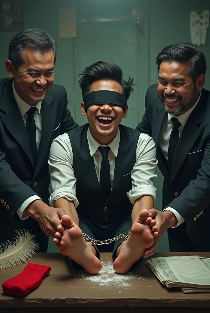 Malaysia malay handsome 21 years student
He laugh very hard
His hand handcuff in abondon warehouse
Blindfolded
handcuff
Casual Outfit Black Vase White Tie
Focus sweaty feet on desk
shoe on desk
feather duster on desk
Redsock on desk
2 evil mafia Rub his feet