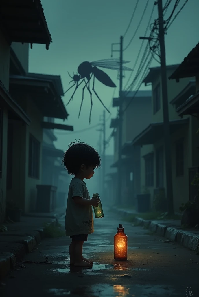 create an image as if it were the first phase of a game and the main character is a  child who is on a dark street and is picking up a PET bottle on the ground with a repellent in his hand and behind him appears a dengue mosquito
