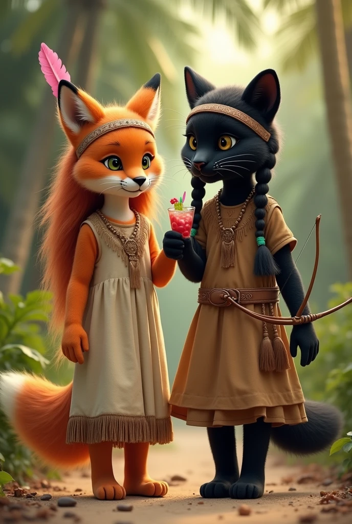 Realistic photography. An anthropomorphic orange furry fox with floor length orange hair. Fox in a beige linen floor-length dress with brown fringe along the seams of the dress. floor-length dress. The fox has a headband of pink feathers in Indian style. A fox holds a sling with a grape cocktail in its paw. The fox is being held by the paw by an anthropomorphic black panther with blue eyes. Panther in a brown floor-length dress with a brown belt with tassels. The panther has a hairstyle of two long ponytails of black hair reaching the floor.. The panther has a green Indian-style feather headband on his head.. The panther holds a small bow and arrow in its paw.. A fox and a panther are walking through a palm forest and playing Indians. They are both short.. Both are beautiful. They are children.