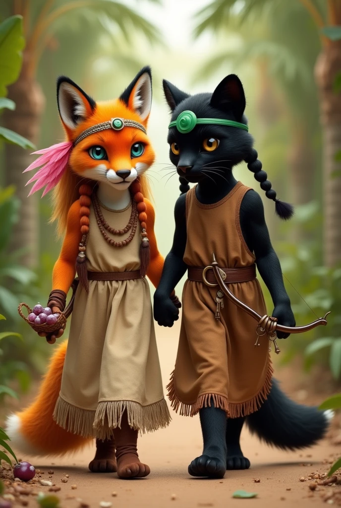 Realistic photography. An anthropomorphic orange furry fox with floor length orange hair. Fox in a beige linen floor-length dress with brown fringe along the seams of the dress. floor-length dress. The fox has a headband of pink feathers in Indian style. A fox holds a sling with a grape cocktail in its paw. The fox is being held by the paw by an anthropomorphic black panther with blue eyes. Panther in a brown floor-length dress with a brown belt with tassels. The panther has a hairstyle of two long ponytails of black hair reaching the floor.. The panther has a green Indian-style feather headband on his head.. The panther holds a small bow and arrow in its paw.. A fox and a panther are walking through a palm forest and playing Indians. They are both short.. Both are beautiful. They are children.