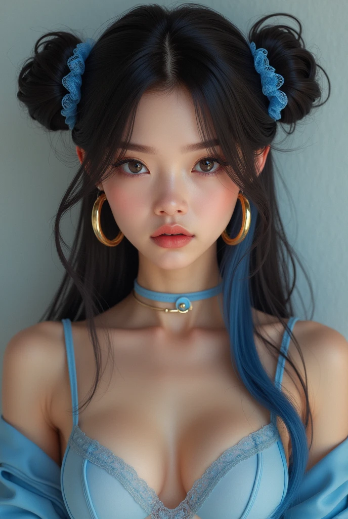 Hairstyle、Long hair with twin buns、Dark brown with blue inner color。Blue mesh on bun。Golden hoop earrings、Light blue lingerie