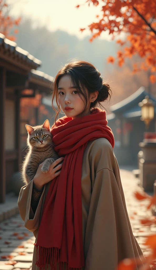 (Best Quality,4k,8k,High resolution,masterpiece:1.2),ultra detailed,sharp focus,(realist,photorealist,photo-realist:1.37), 35mm lens,multiple angles,countryside,suburban,back,side,silhouette,overhead shot, Red scarf, 2 collections, cat,standing,dol,tram,Beijing,Autumn season,wooden house,platform, Cloak,Ruan Jia,lasts,Atar, (delicate face), (Fine, fluffy fur),(35mm cinema lens),(multi-angle shooting),(Many viewing angles)