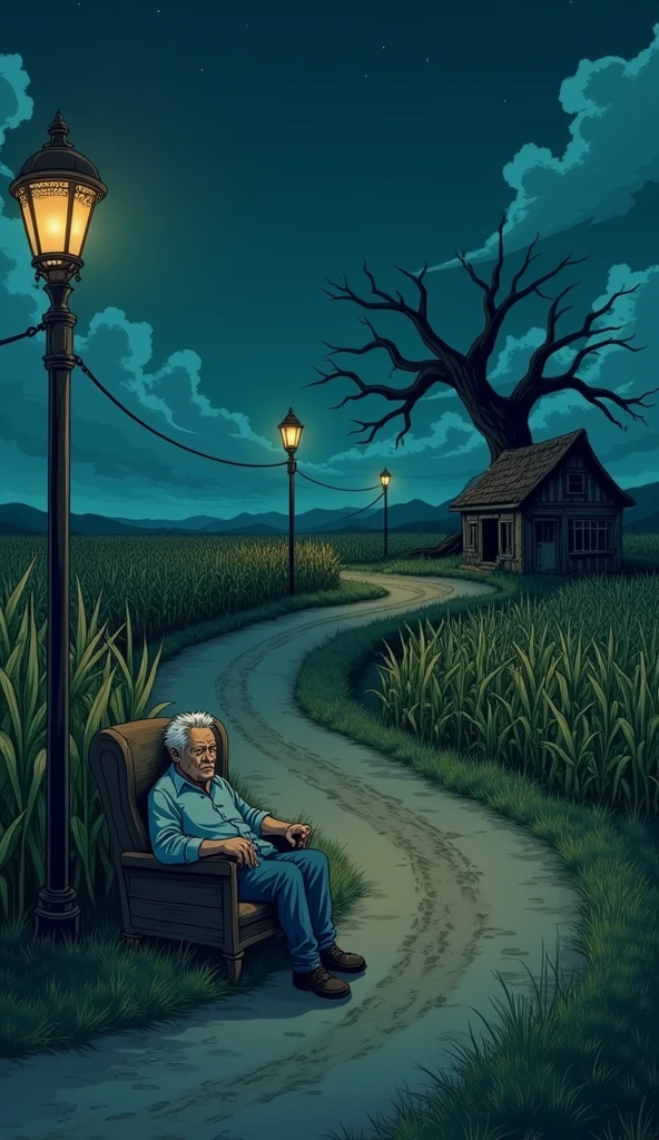 2D anime a rough old way midnight both sides of way fields of corn are present a terrible tree i , a rough  terrible house , rough lines of lamppost a old man sleeping  on chair in curve angle