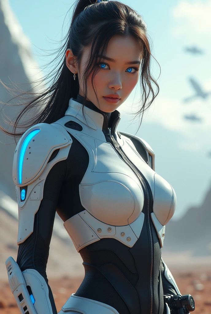 (masterpiece, best quality, beauty, best ratio, best shadows,best Illustration, wallpaper size,1080×2400 pixels, detailed face, pastel colors)  star wars theme.
uhd, china female kungfu, korean beauty like tae yon, face fully visible, shooting pose, shining blue eyes, windblown hair, wear white and black futuristic full leather armory suit, left hand holding futuristic gun emits red energy with a shooting presence, on top of the high tech battle field full of war spaceship. morning sky, space rider sand space troops seen on far away. use the RenderMan renderer.digital art. High definition, high contrast,high color saturation,128k,cinematic lighting, intricate,cinematic advertising photograph,cinema lens, super high res.