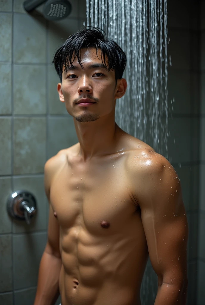 a close up of a Taiwanese man in a shower, asian male, under a shower, wet hairy bodies, water dripping off him, twink, damien tran, prefect body, beautiful handsome body, full body shot close up, sexy masculine, clean shaved, hairy body, smooth waxy skin, wet body, full body close-up shot , dick 18cm, full naked, short hair, 