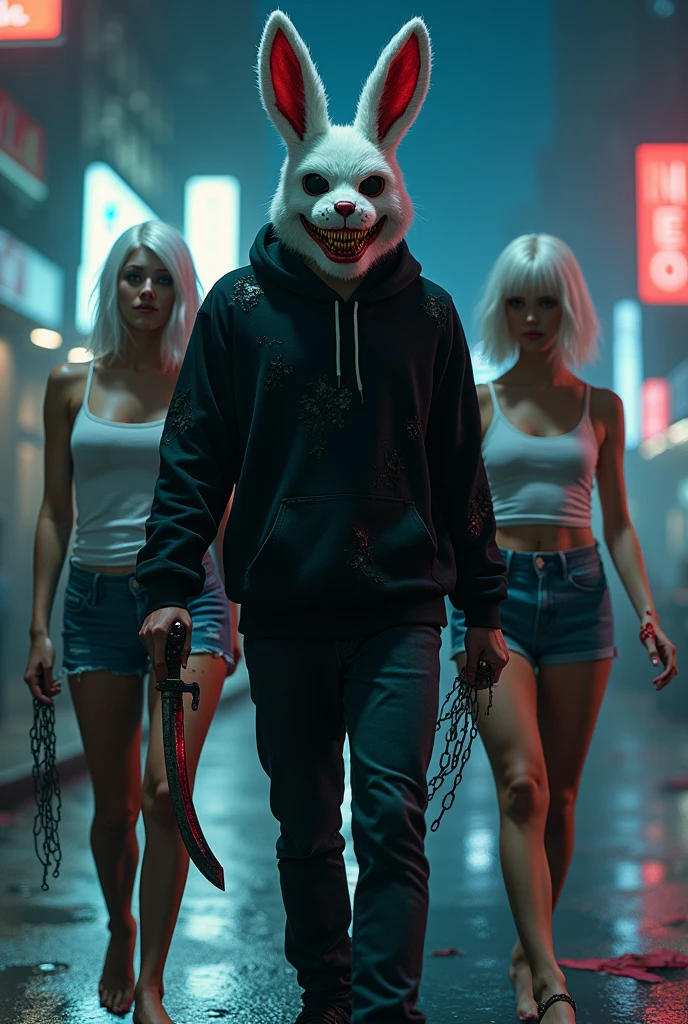 Horror, creepy, 1 male, furry White bloody rabbit mask with creepy smile and yellow bloody teeth, completely Black torn hoodie, 2 White hair females , wearing short jeans and White tank tops, standing in the city street at night, neon lights in the background, ethereal, detailed, masterpiece, best quality, dramatic lighting, full body, torn Black pants, blood stains, walking to camera, holding ritual knife in the right hand, massacre in the background, chains in left hand