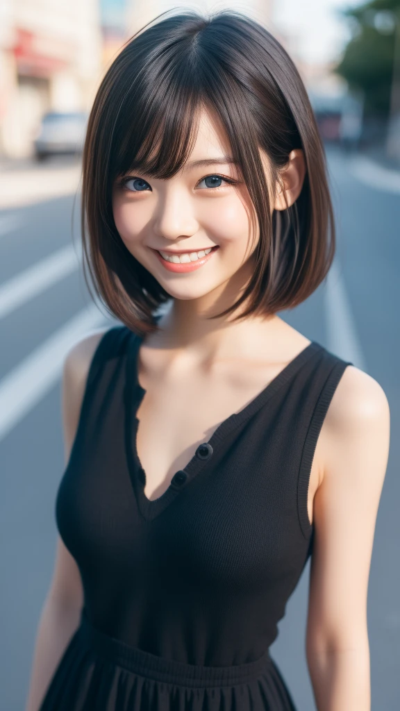 Ahoge, short hair, Hair ties, light smile, smile, Anaglyph, 8k, Super Detail, Accurate, Highest quality, Ultra-high resolution, 4K -- Auto,I can see your chest,Tight Mini,,One girl, whole body