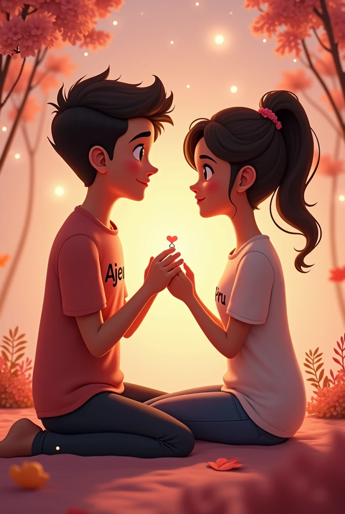 Ek girl or ek boy dono couple hai jo ek romentic jagah par bethe huye hai boy ki shirt par ajey or girl ki shirt par piru likha hua hai , boy girl ko ring pahna raha hai , pichhe romentic sa background hai aisi animation me image banao