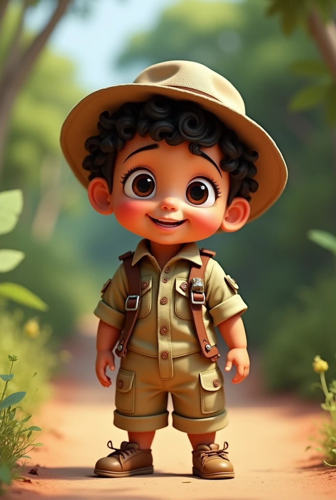 Baby dressed in Safari outfit, short curly dark hair, full mouth, round eyes, Pixar 3D
