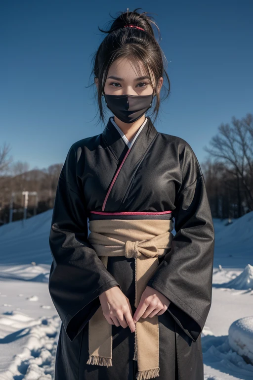 Adult Girl, Short black hair, High Ponytail, Brown eyes, mask, Blue ninja kimono, No sleeve, Below zero, cold, ice, Blizzard, Battle Axe, masterpiece, high quality, 4K, High resolution, Well-made down to the last detail