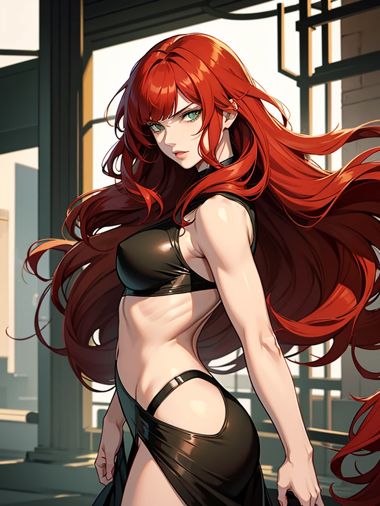 green eyes, red hair with long bangs. sadistic women, wavy long hair. strong woman. she quiet. dominant woman. mafia. mature woman. girl boss. with bangs so long wavy red hair. boxing. wear pans
