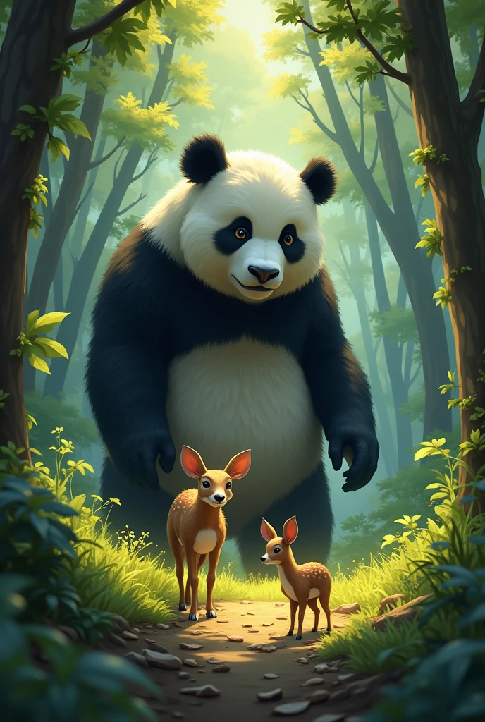 In a forest there were cute animals, a small mouse deer and a big panda were looking at a big cave and they approached it.