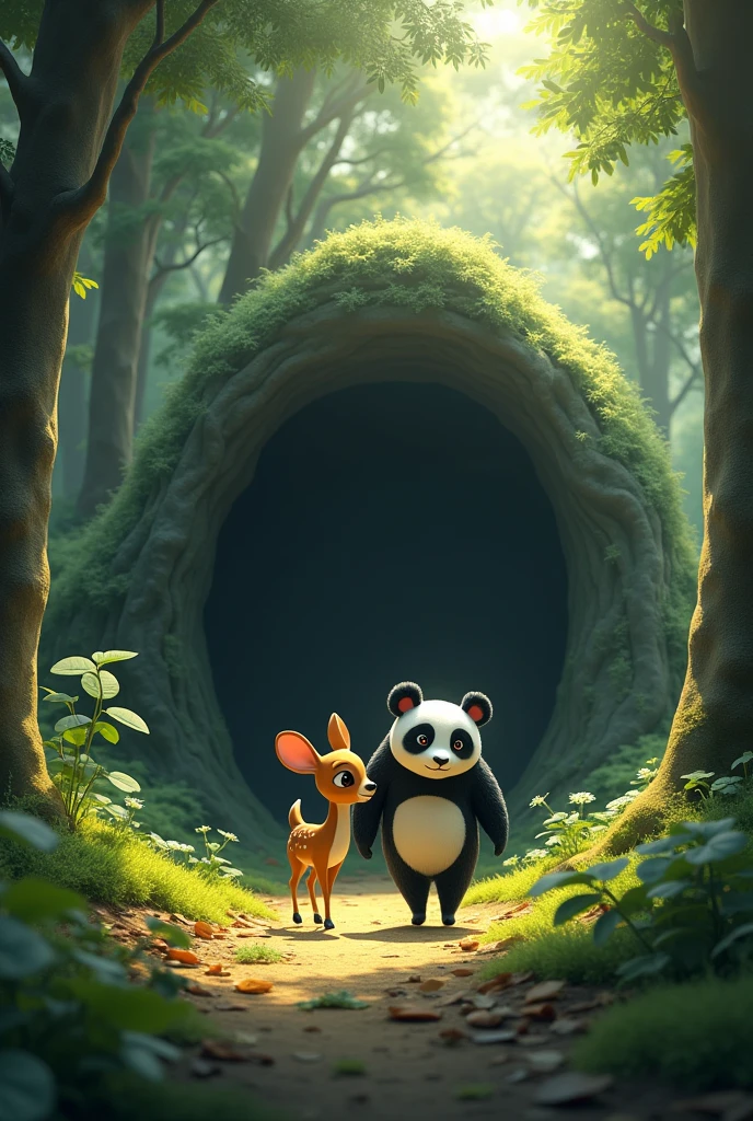 In a forest there were cute animals, a small mouse deer and a big panda were looking at a big cave and they approached it.