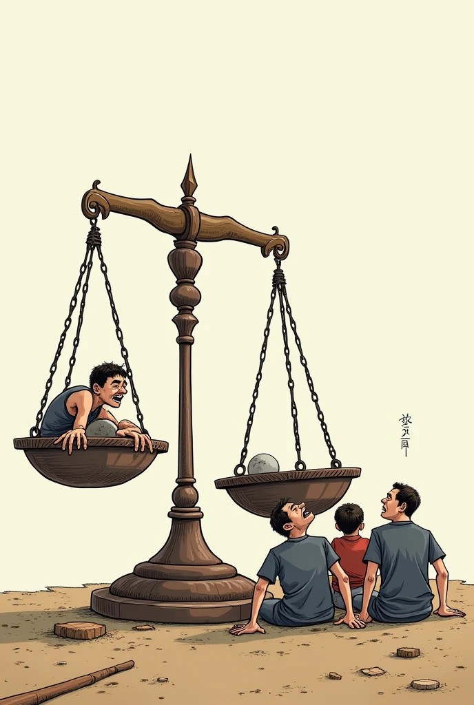 Cartoon drawing of a scale of justice tipped to one side, with human figures that are clearly suffering under the weight of the scale, representing the injustice and consequences of non-compliance with IHL.