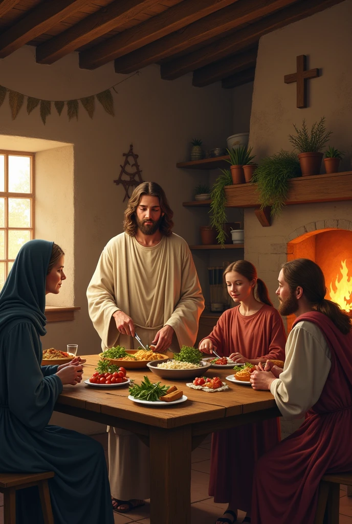 Image illustrating Jesus cooking with his family in a cozy environment