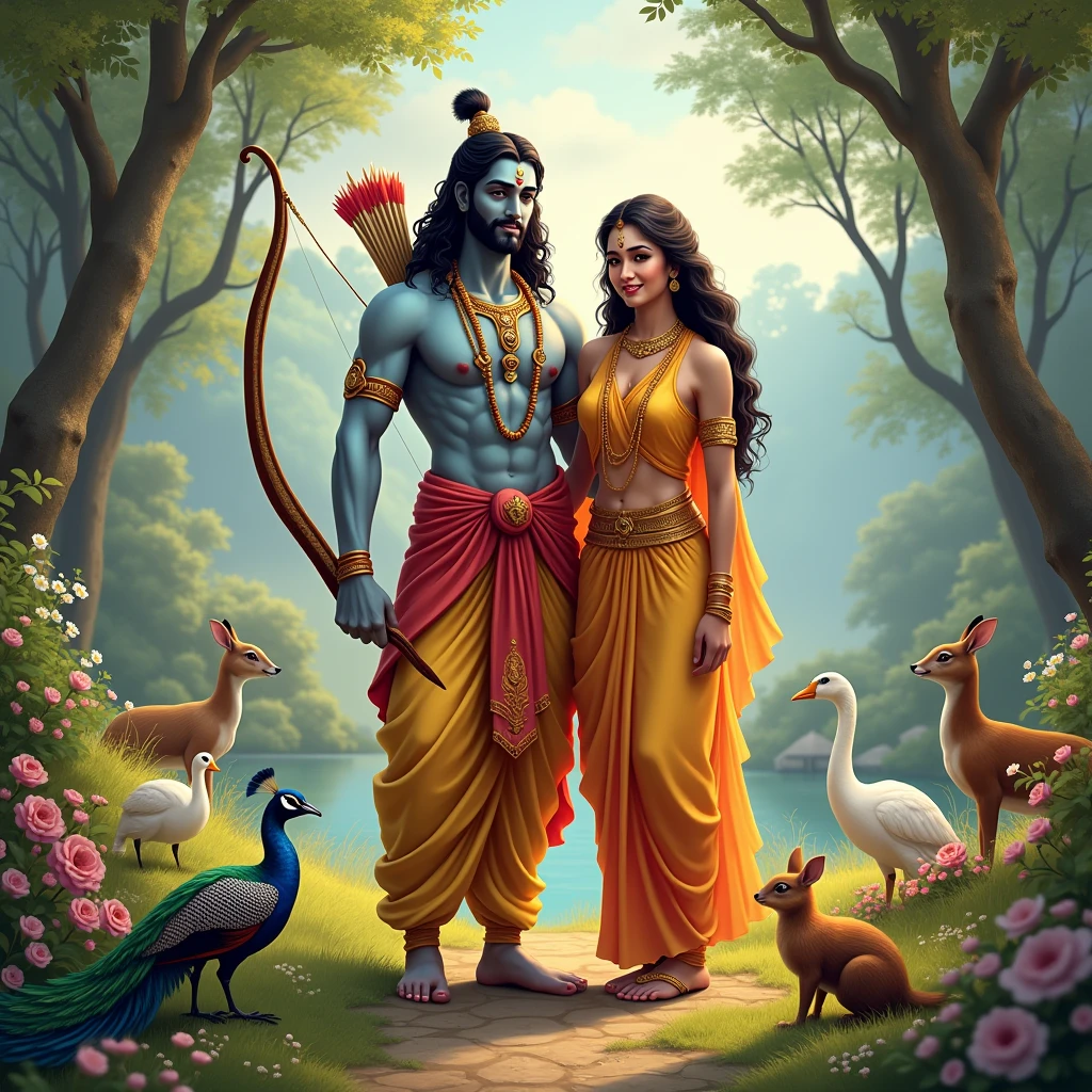 Create an image for phone wallpaper of smiling lord rama with a bow in his hand and a pack of arrows is hanged on his back and smiling Sita who is standing middle of themand some animals like rabbits and squirrels and deers and some birds like peacocks and swans and parrots are moving around them