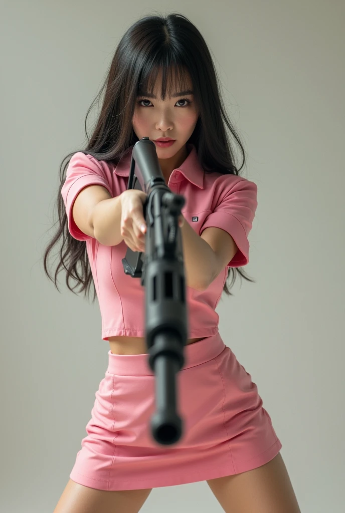real person realistic beautiful japanese flight stewardess pink mini skirt standing stance legs open wide spreading full portrait holding rifle gun pointing at you front facing aiming at you shooting range sexy legs