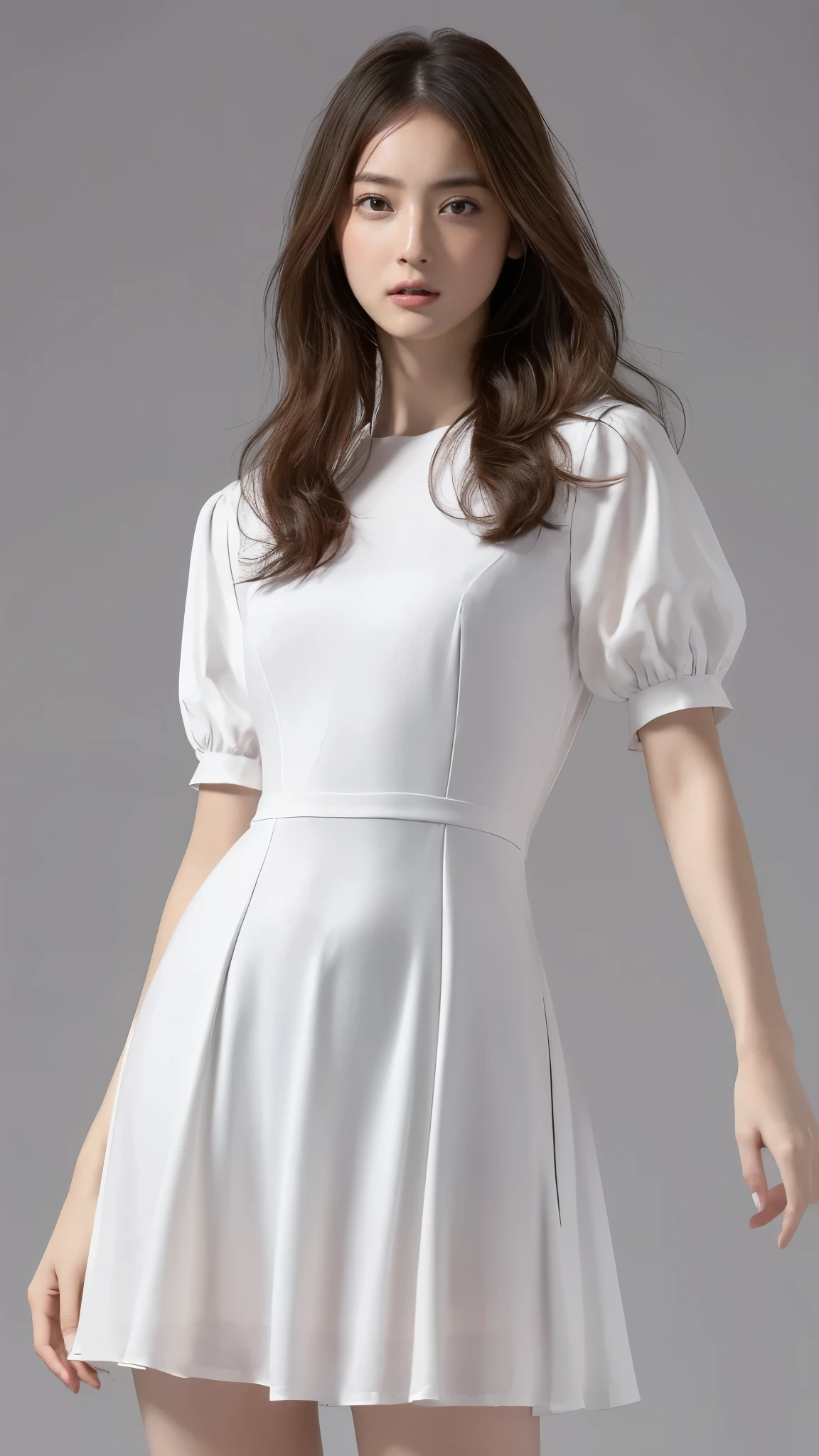 Highest quality,masterpiece,Ultra-high resolution,(Actual:1.4),Original photo,Ultra-high resolution,8K,There are also women,Fair skin、Transparent short-sleeved one-piece white dress ,long length skirts.
Long legs:1.5,Bright and beautiful,high waist,Flashy makeup,Gray background,