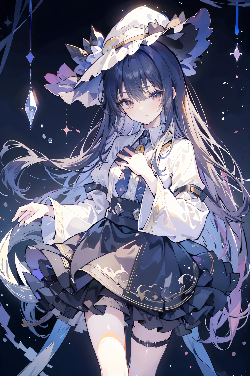 oung Girls,Humanity,A magician always smiles,big witch hat,cute,dark blue long hair,The eyes are dull,The bangs are heavy,Thin eyebrows,fantasy,intake,Double teeth,Star Theme,Constellation pattern,Solid color clothetal decoration,cloak,A bit of a dark atmosphere,A little crazy smile,When the big moon shines outside at night,blood,Hair black star embellishment,Short tie,No nails,High waist skirt,Bell sleeves,Long-sleeved shirt,Black tie,low risk,gentlemen。Mist、Yellow and white effect，Shocking pink as an accent color