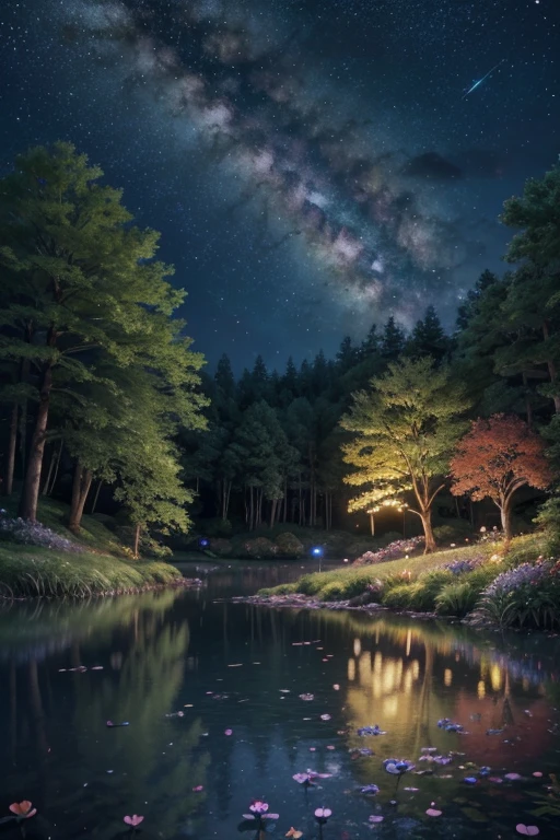 Viral anime nature wallpaper in 4K quality, in the style of Pixar 3D inspired by Coco, showing a lively forest clearing with colorful flowers, animated trees, and a crystal-clear pond reflecting the night sky; warm and festive color temperature, cosmos lighting with stars twinkling in the sky, no human characters, the atmosphere is magical and joyous