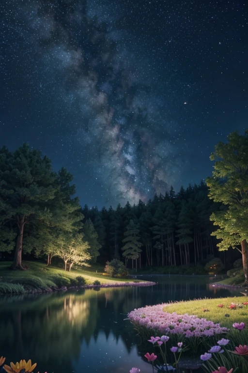 Viral anime nature wallpaper in 4K quality, in the style of Pixar 3D inspired by Coco, showing a lively forest clearing with colorful flowers, animated trees, and a crystal-clear pond reflecting the night sky; warm and festive color temperature, cosmos lighting with stars twinkling in the sky, no human characters, the atmosphere is magical and joyous