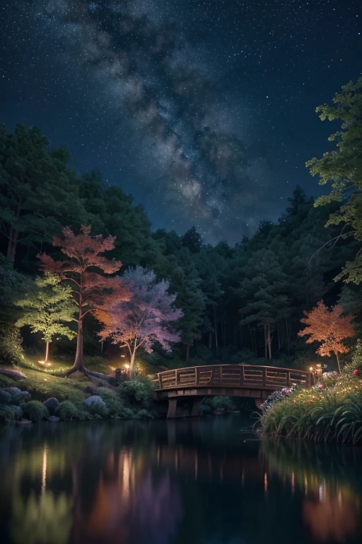 Viral anime nature wallpaper in 4K quality, in the style of Pixar 3D inspired by Coco, showing a lively forest clearing with colorful flowers, animated trees, and a crystal-clear pond reflecting the night sky; warm and festive color temperature, cosmos lighting with stars twinkling in the sky, no human characters, the atmosphere is magical and joyous