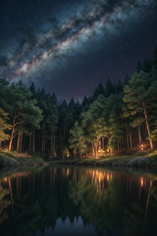 Viral anime nature wallpaper in 4K quality, in the style of Pixar 3D inspired by Coco, showing a lively forest clearing with colorful flowers, animated trees, and a crystal-clear pond reflecting the night sky; warm and festive color temperature, cosmos lighting with stars twinkling in the sky, no human characters, the atmosphere is magical and joyous