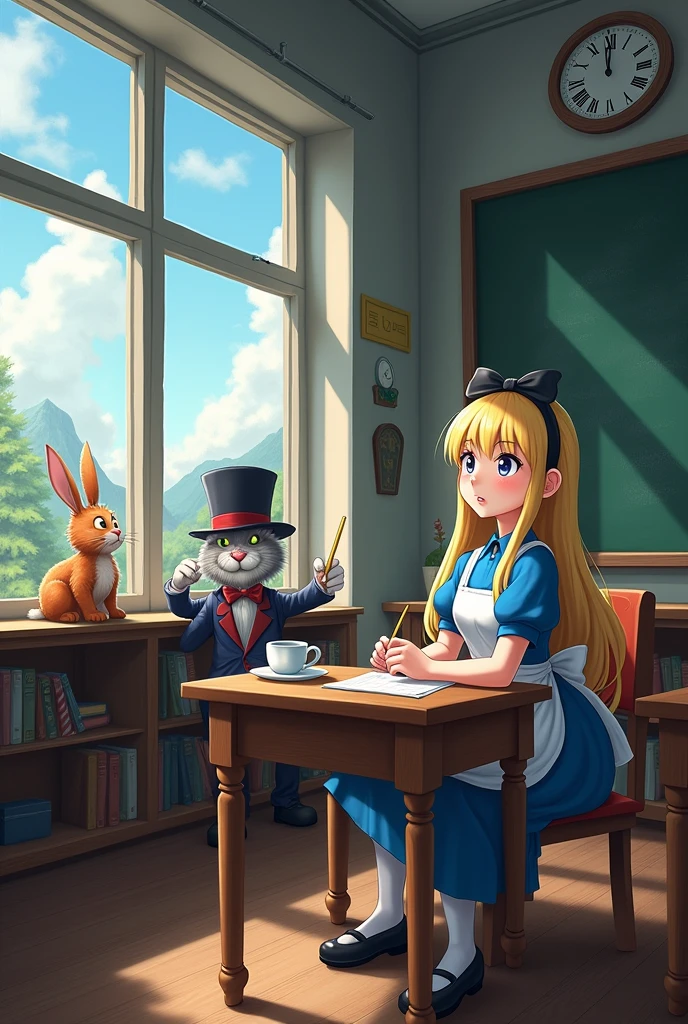 Create an image from Alice in Wonderland in school NO ANIME