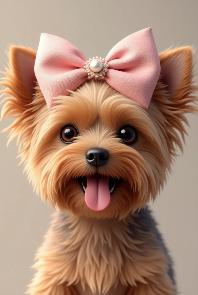 Female Yorkshire brown coat with tongue out, and large bow with two ends crossed at the top in light pink with a pearl brooch in the middle of the bow