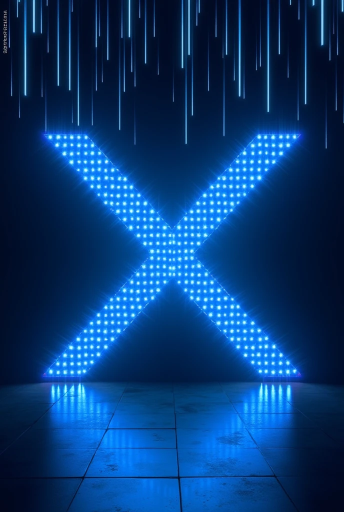 Background of a stage flyer  ,with large x of blue led with white ,with blue neon light falling from the ceiling ,and black background ,
