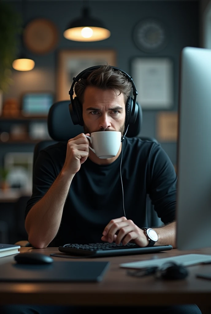 A computer scientiste who sits in front of his office, wears black shirt and pants with his heardphone and his coffee cup (face view)