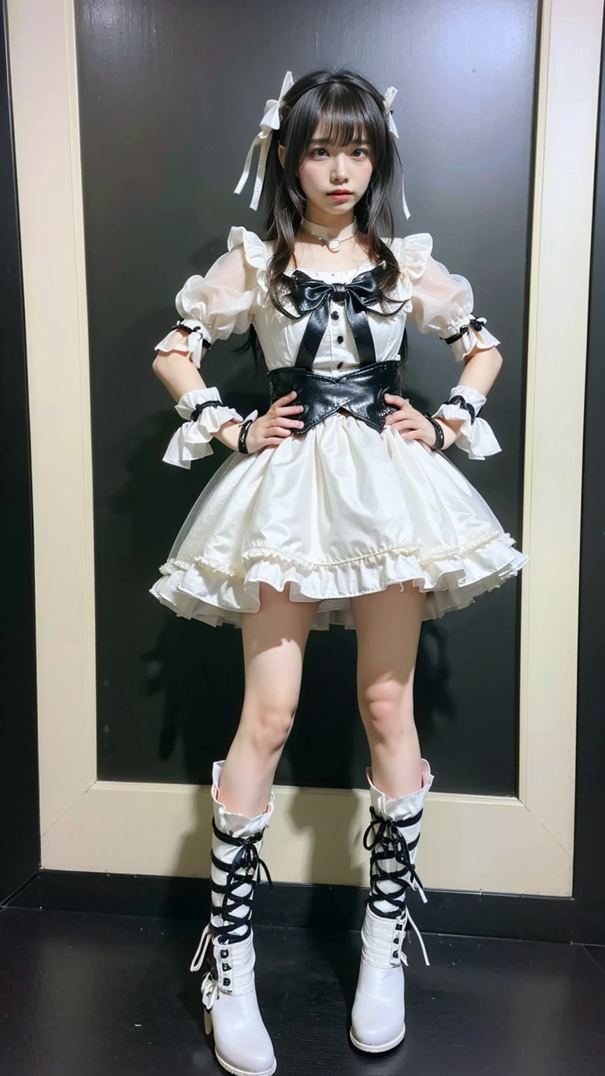 (8k、RAW Photos、Highest quality、masterpiece:1.2)、(Realistic、Realistic)、1 girl、((black and white、mini skirt、Goth、See-through、大きなribbon、Frills、boots、ribbon、garden、Thin legs、whole body、View from the front、Looking into the camera、Stand with hands on hips))、cute