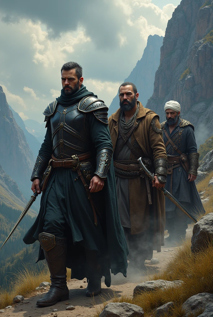 A group of adventurers consisting of a paldin wearing black armor, a brass-colored rogue dragonborn, a pirate dressed entirely in black and a wizard with a white turban and a beautiful, thin mustache. Image generated in a photorealistic style