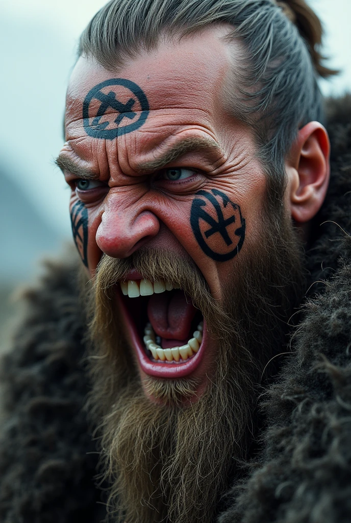 a super realistic viking screaming with his teeth bared, with a Nordic tattoo around his eye
