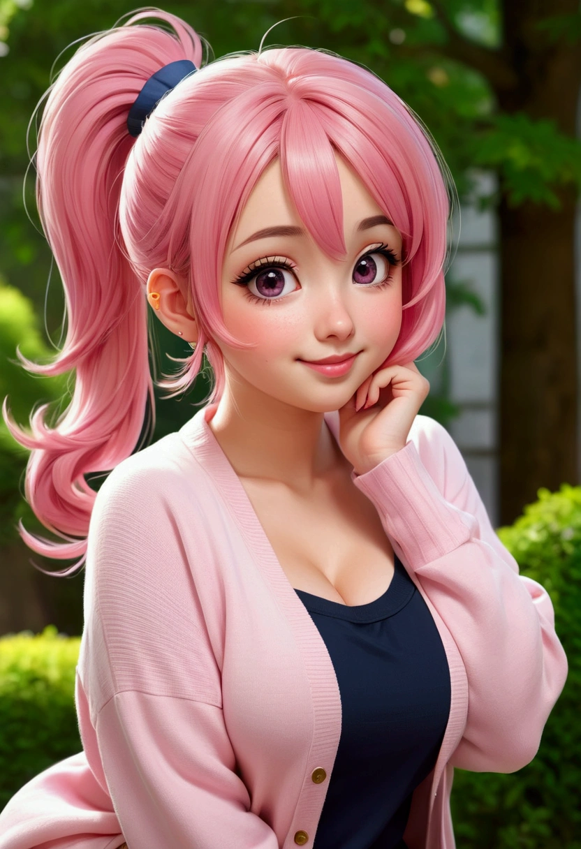 teenage girl, anime girl, cute , beautiful, soft pink hair with double ponytail, modern outfit, using cardigan, plumpy lips, big prestty eyes, big boobs, one hand on the chin, smiling, small chin, chubby cheeks, innocent girl