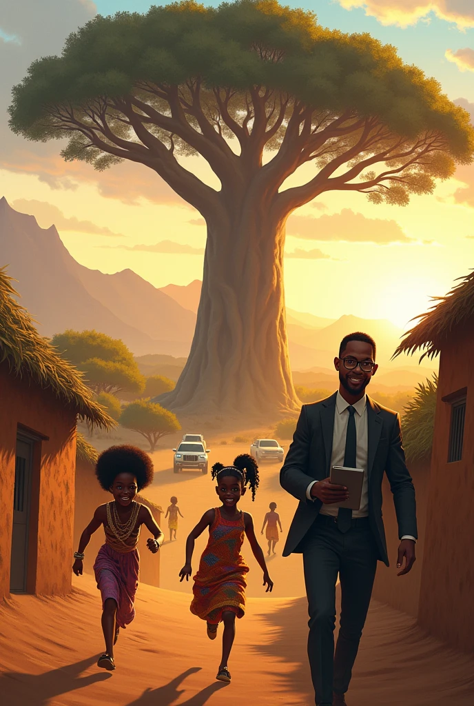 Scene 1: The Arrival
Prompt 1:
"Dawn over an African village with a majestic baobab tree towering over mud-brick huts. The landscape is vast, with golden plains and distant mountains. Kofi, a curious with bright eyes and a wooden necklace, wearing a sleeveless tunic, runs joyfully alongside Abeni, a girl with dark expressive eyes, beads in her hair, and a colorful dress."
Prompt 2:
"In the distance, modern vehicles approach, sleek and metallic, contrasting with the traditional setting. Professor Tunde, a tall man with glasses, wearing a modern suit and holding a tablet, steps out of the lead vehicle, observing the village with a mix of curiosity and confidence."