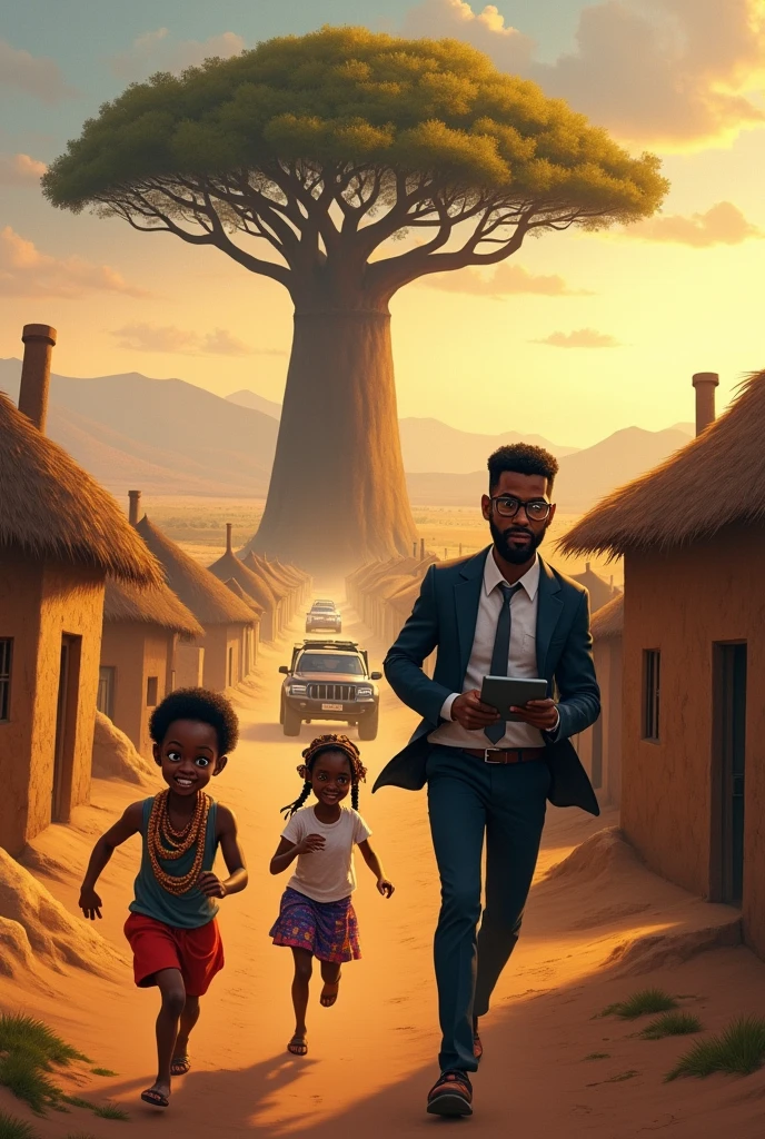 Scene 1: The Arrival
Prompt 1:
"Dawn over an African village with a majestic baobab tree towering over mud-brick huts. The landscape is vast, with golden plains and distant mountains. Kofi, a curious with bright eyes and a wooden necklace, wearing a sleeveless tunic, runs joyfully alongside Abeni, a girl with dark expressive eyes, beads in her hair, and a colorful dress."
Prompt 2:
"In the distance, modern vehicles approach, sleek and metallic, contrasting with the traditional setting. Professor Tunde, a tall man with glasses, wearing a modern suit and holding a tablet, steps out of the lead vehicle, observing the village with a mix of curiosity and confidence."